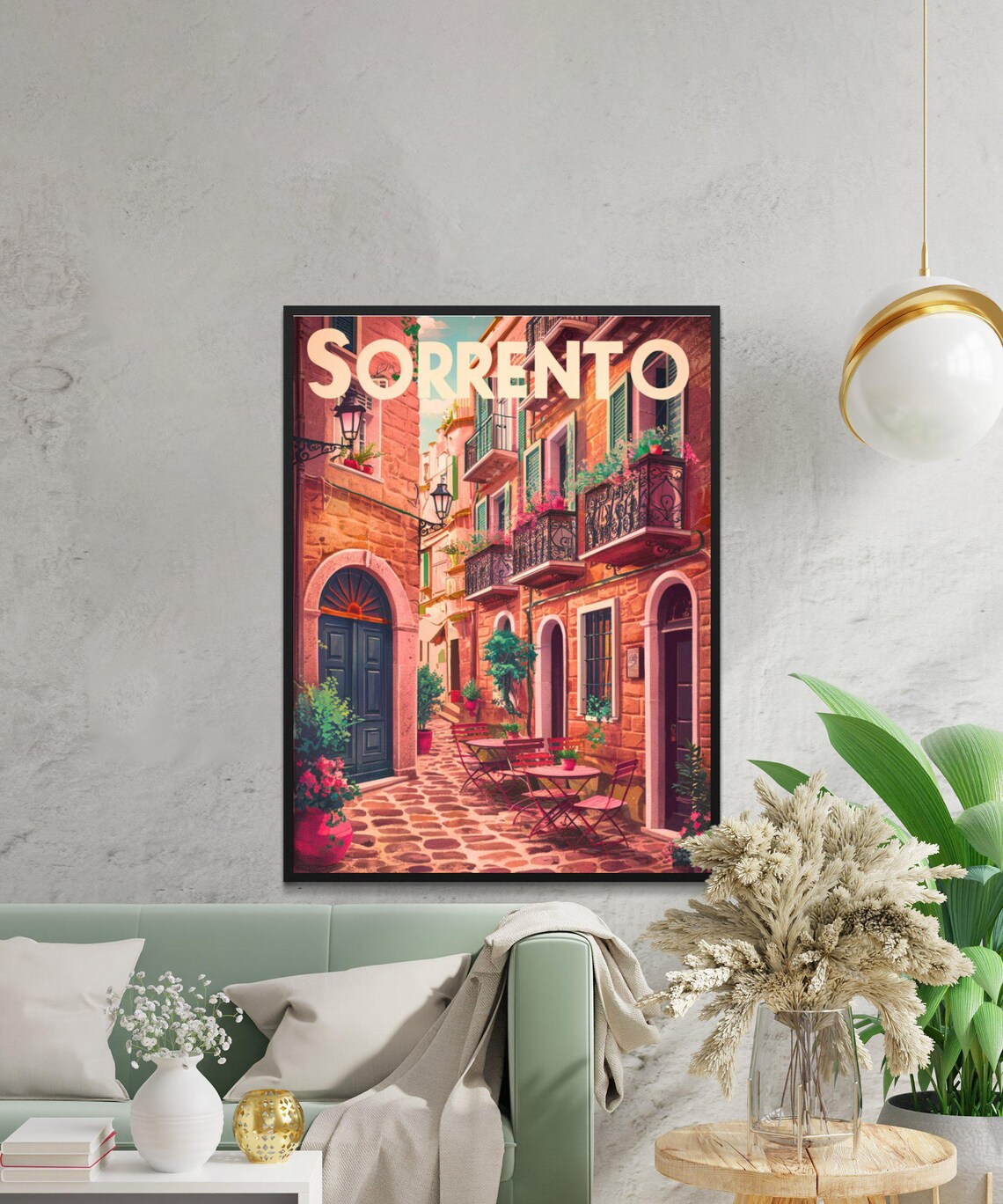 Sorrento Italy Cobblestone Old Town Cafe Street Vintage Travel Poster - Image 2