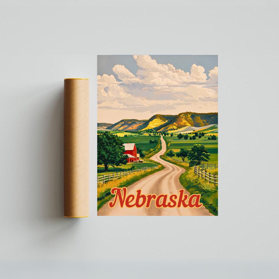 Nebraska Country Road Red Barn Rolling Hills Vintage Art Poster - Image 2
