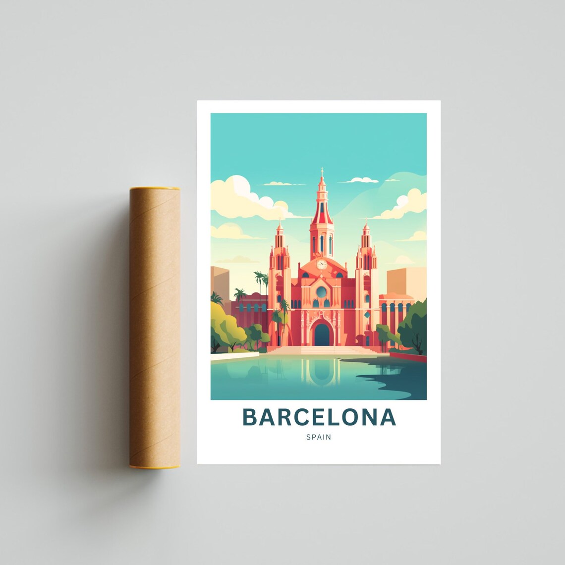 Barcelona Spain Historic Church Waterfront Reflection Travel Poster - Image 4