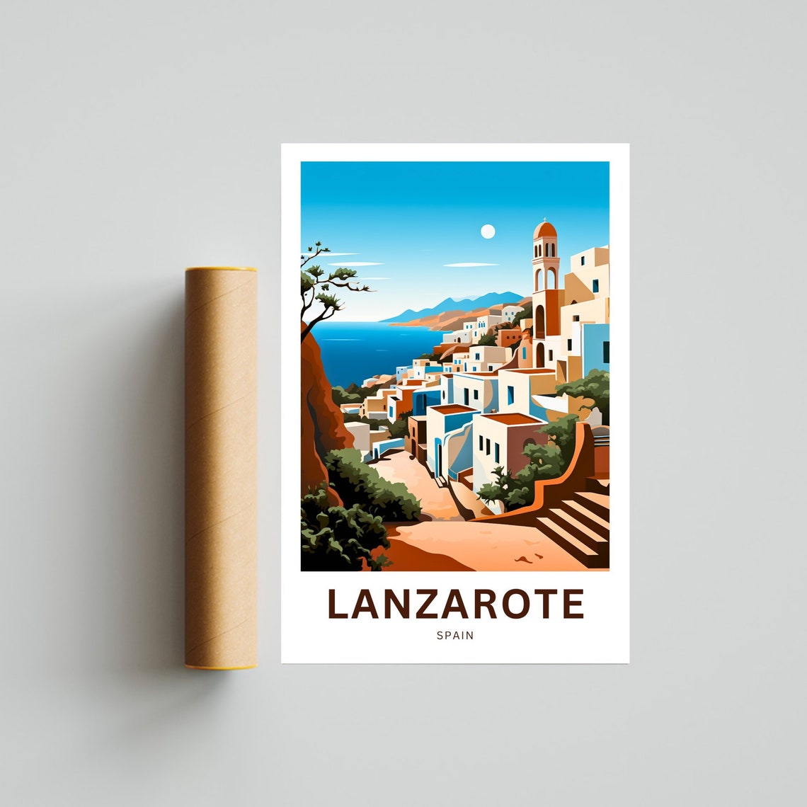 Lanzarote Spain Coastal Village Church Tower Ocean View Poster - Image 4