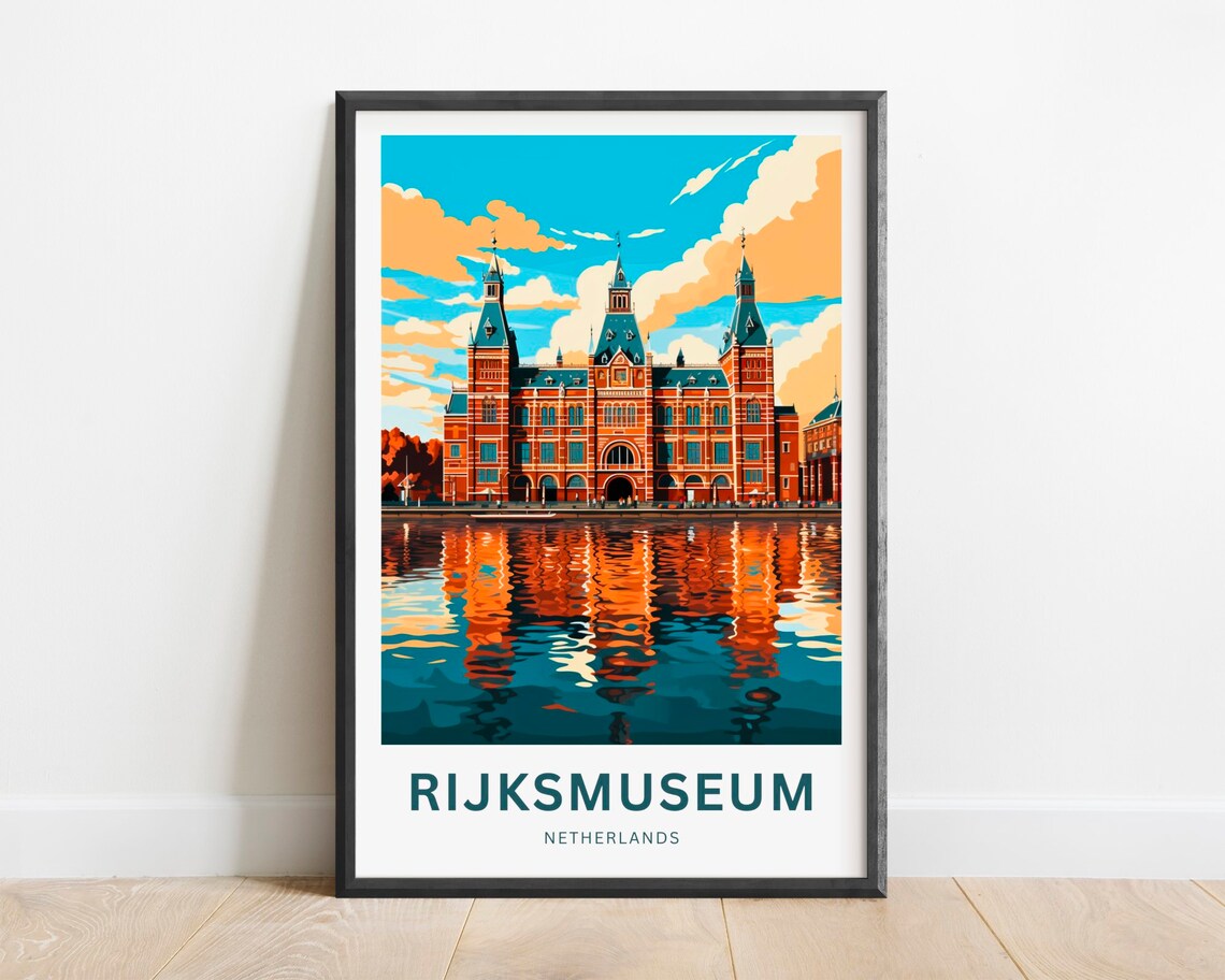 Rijksmuseum Amsterdam Netherlands Waterfront Reflection Graphic Travel Poster