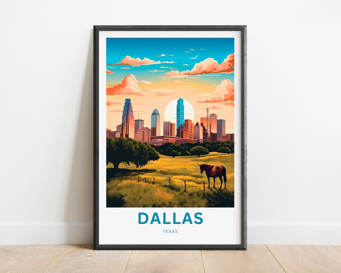 Dallas Texas Golden Skyline Horse Pasture Sunset Travel Poster