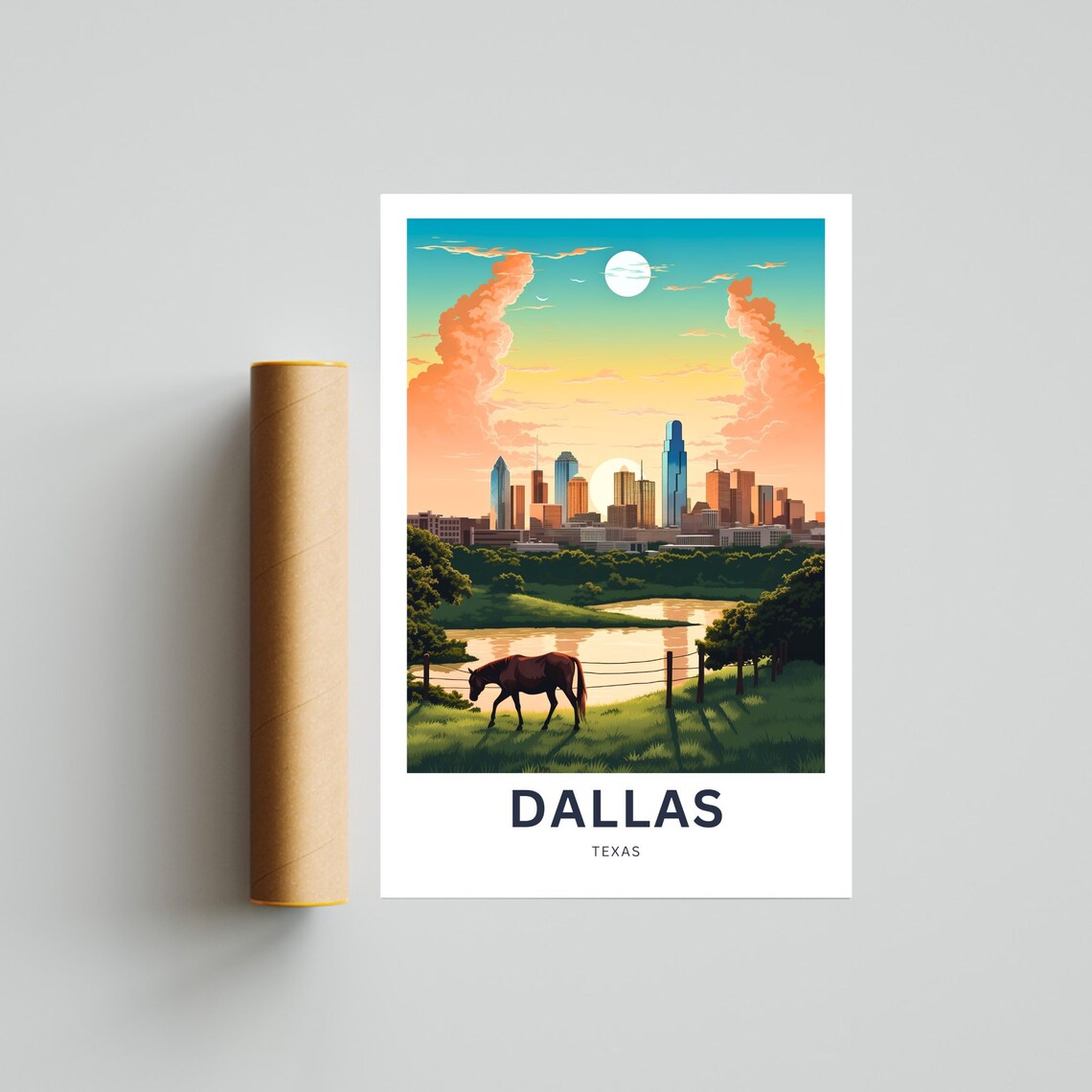 Dallas Texas City Skyline Moonlit Horse Field Night Travel Poster - Image 4