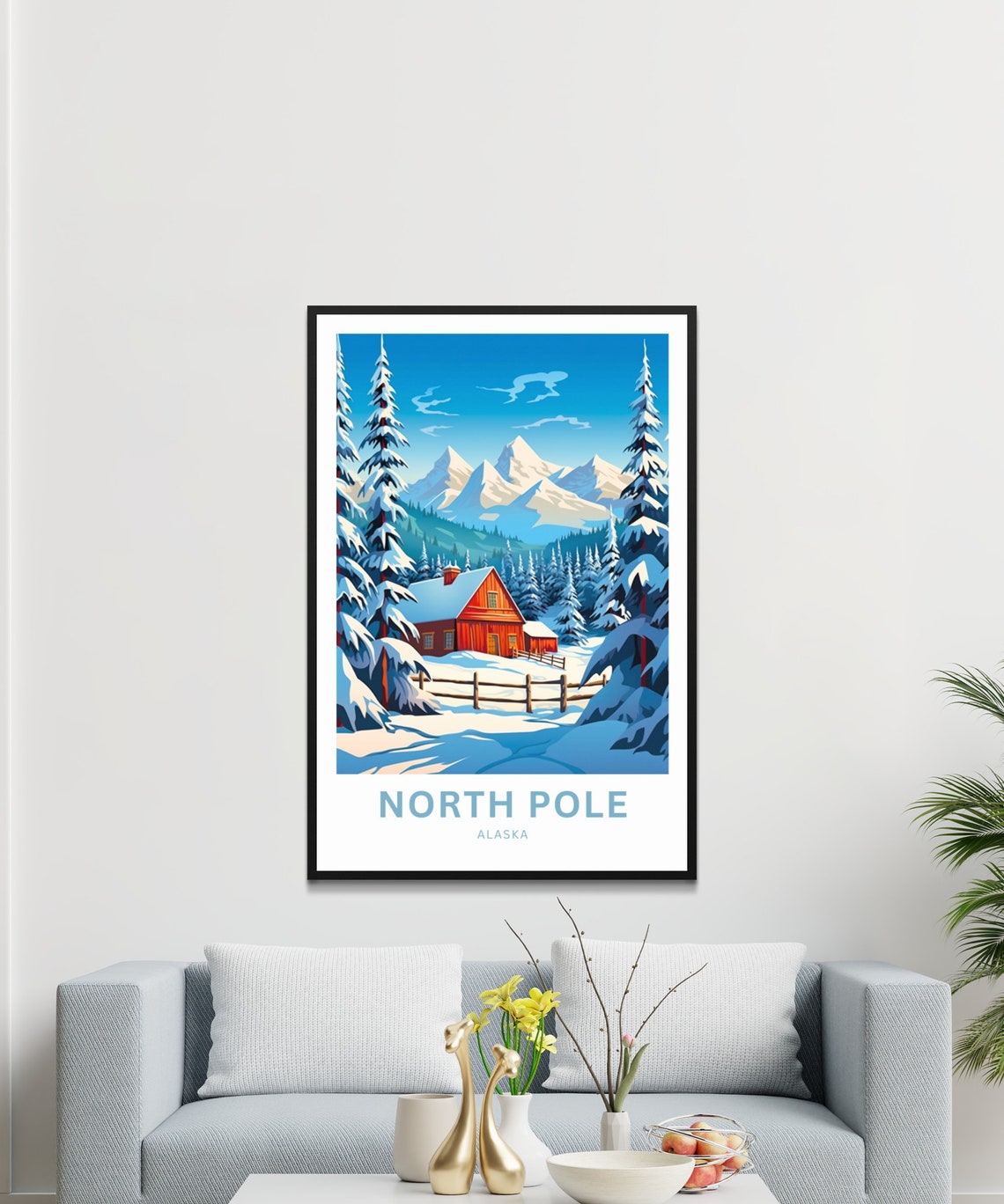 North Pole Alaska Red Cabin Snowy Pine Forest Winter Travel Poster - Image 3