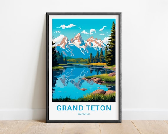 Grand Teton Wyoming Mountain Lake Reflection Scenic Travel Poster