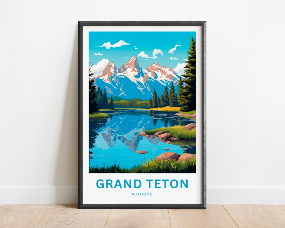 Grand Teton Wyoming Mountain Lake Reflection Scenic Travel Poster