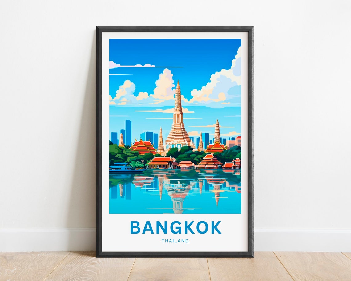 Bangkok Thailand Wat Arun Temple Riverside Skyline Travel Poster