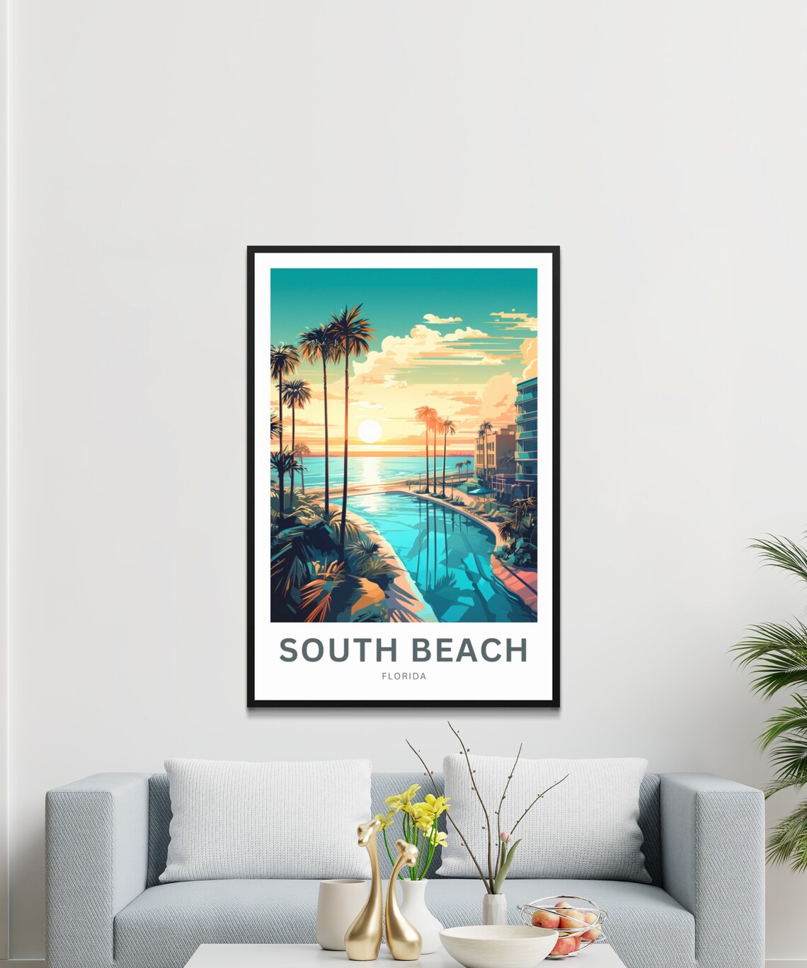 South Beach Florida Sunset Palm Trees Shoreline Resort Travel Poster - Image 3