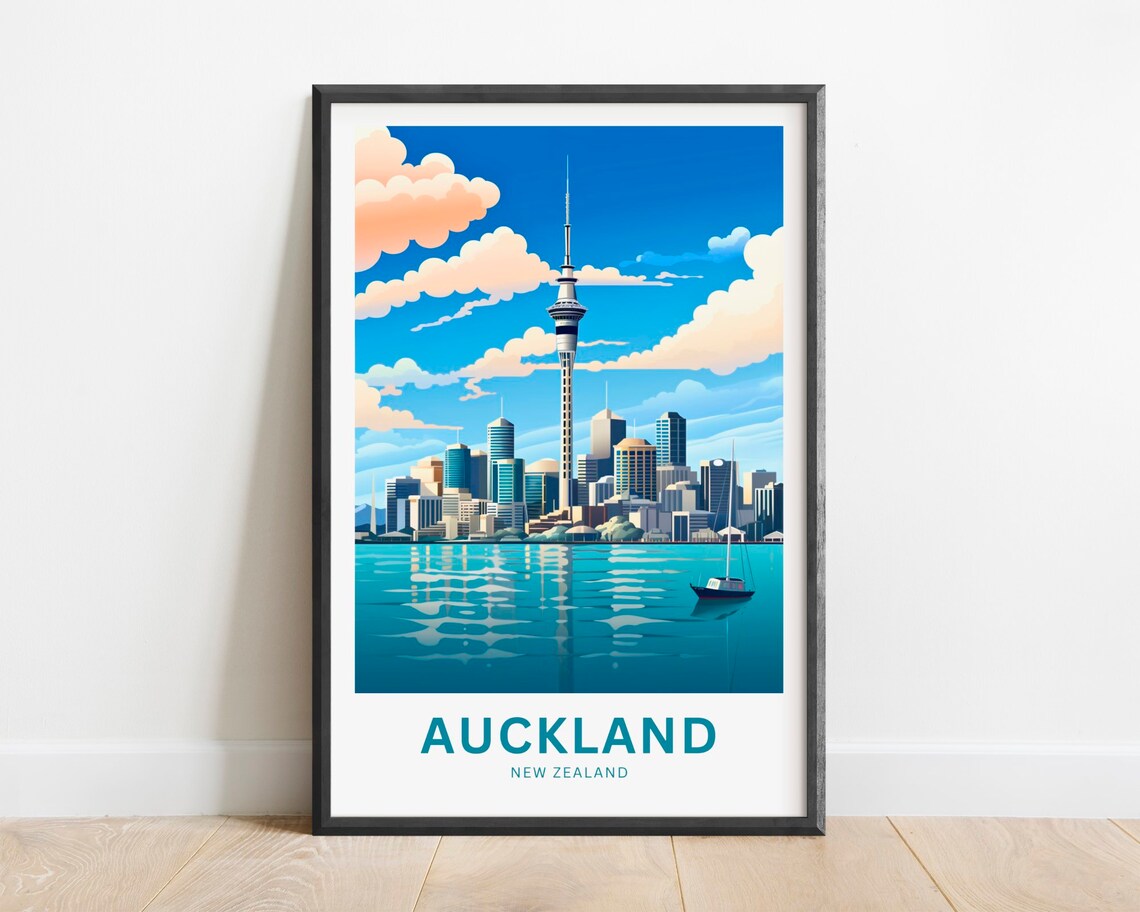 Auckland New Zealand Sky Tower Across Sparkling Harbor Travel Poster