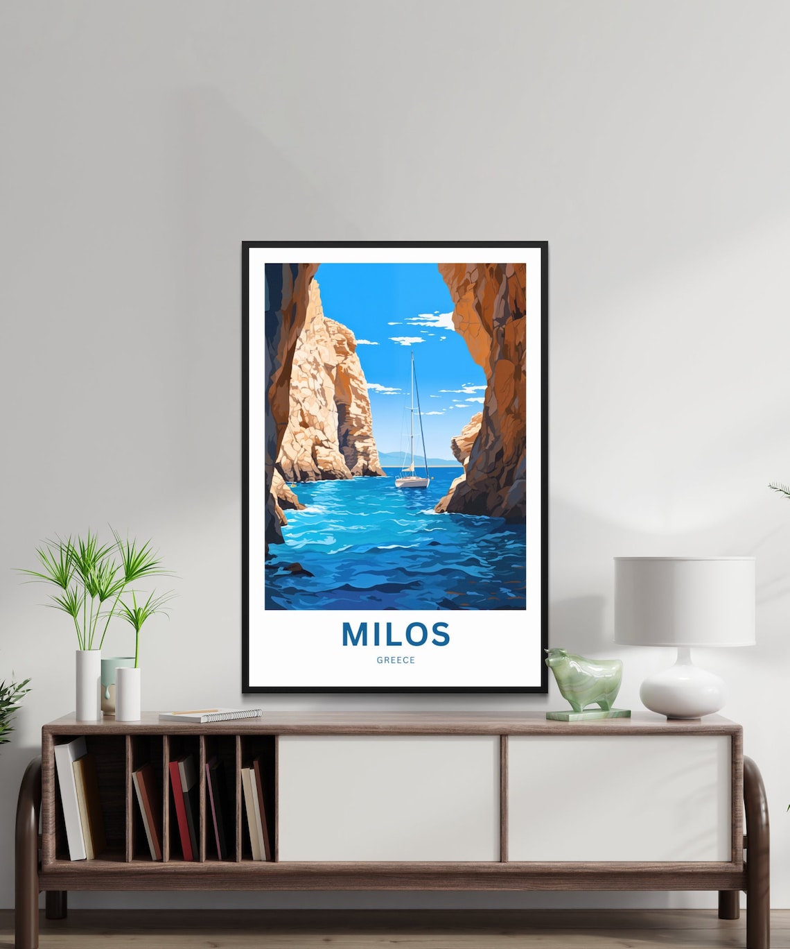Milos Greece Red Rock Sea Cove Sailboat Blue Water Travel Poster - Image 2