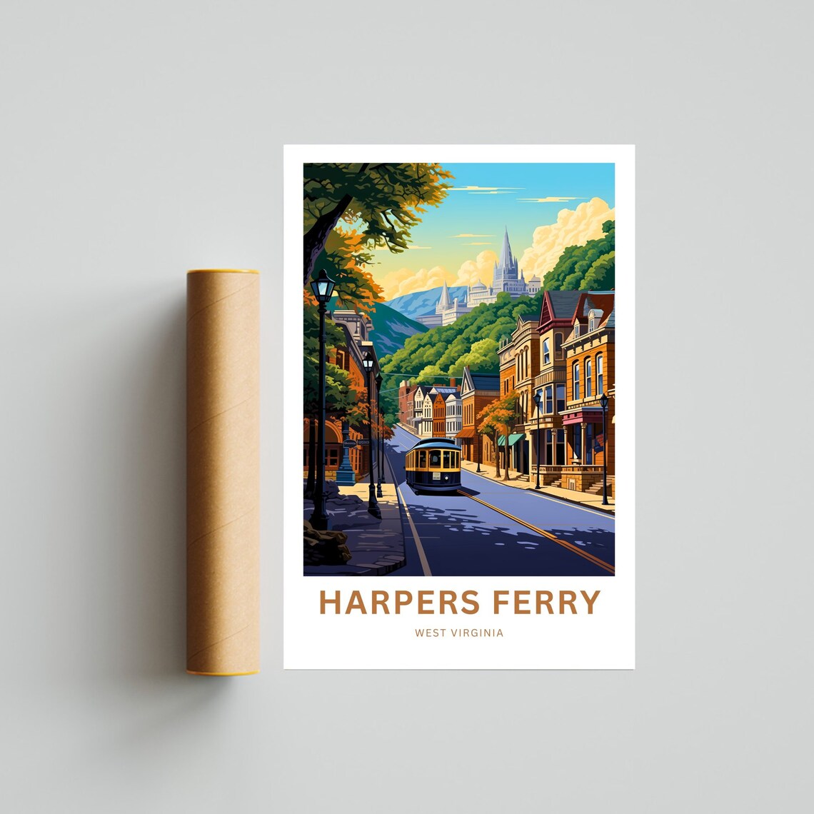 Harpers Ferry Trolley Street with Hilltop Church Scene Travel Poster - Image 4