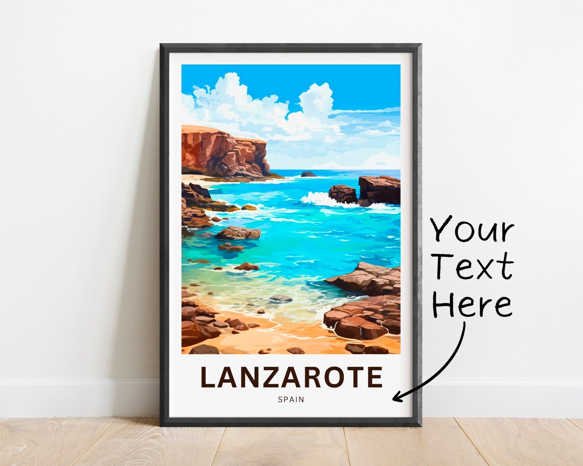 Lanzarote Spain Travel Poster Volcanic Coast Turquoise Sea Art