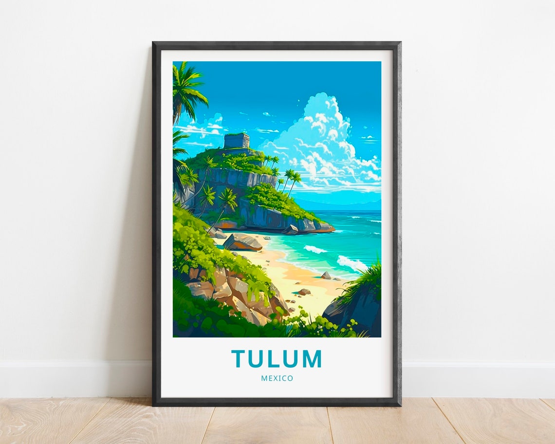 Tulum Mexico Mayan Cliff Ruins Caribbean Beach Travel Poster