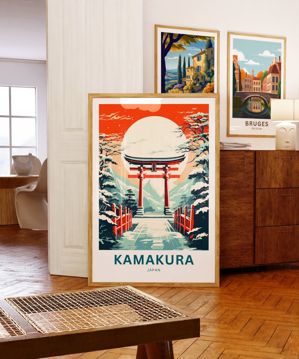 Kamakura Japan Red Torii Gate Snowy Moonlit Night Travel Poster - Image 5