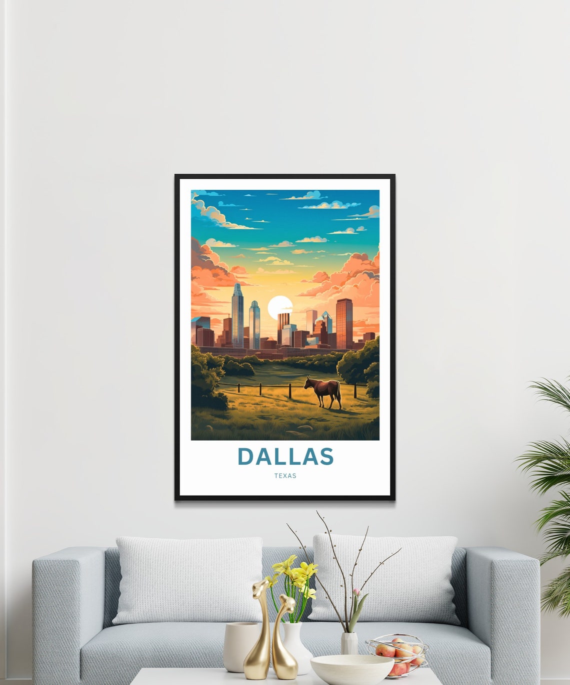 Dallas Texas Skyline Horse Prairie Sunset Scene Travel Poster - Image 3