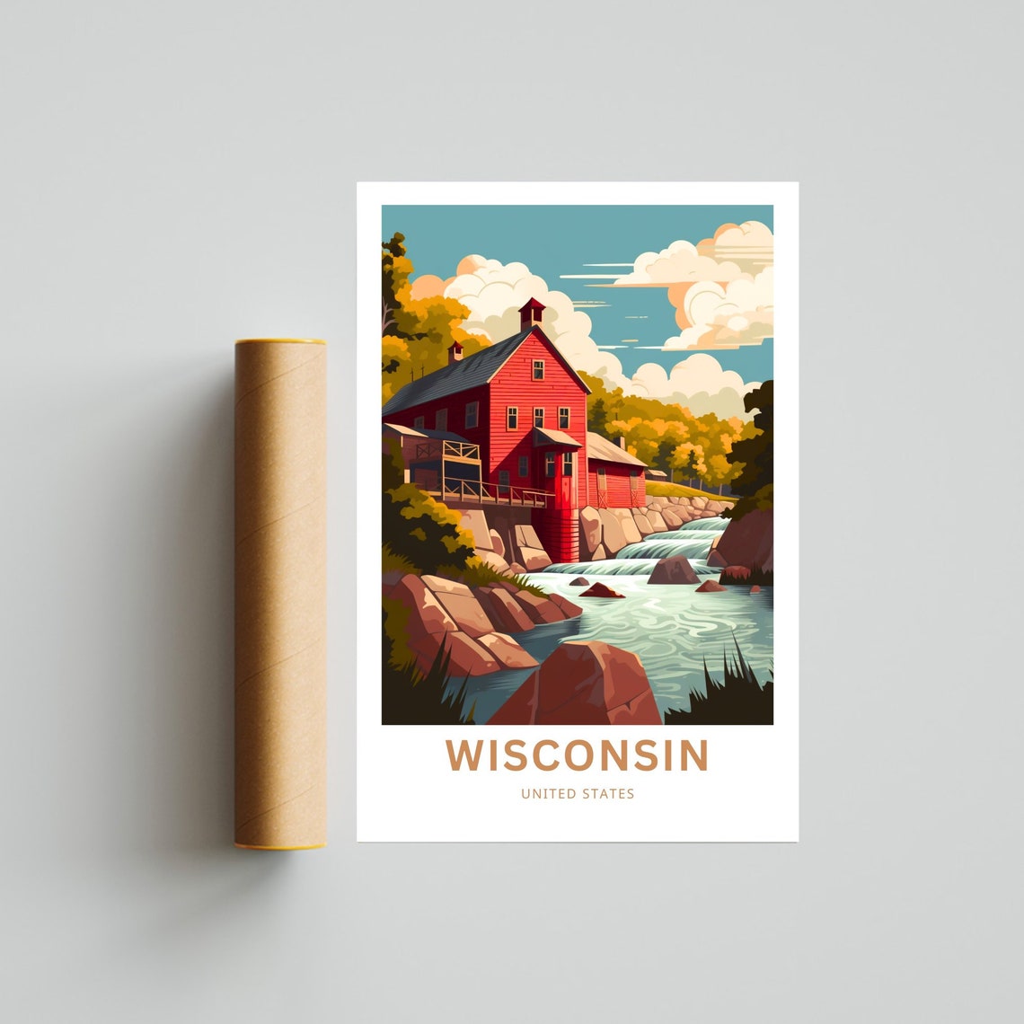Wisconsin United States Historic Red Mill River Rapids Travel Poster - Image 4