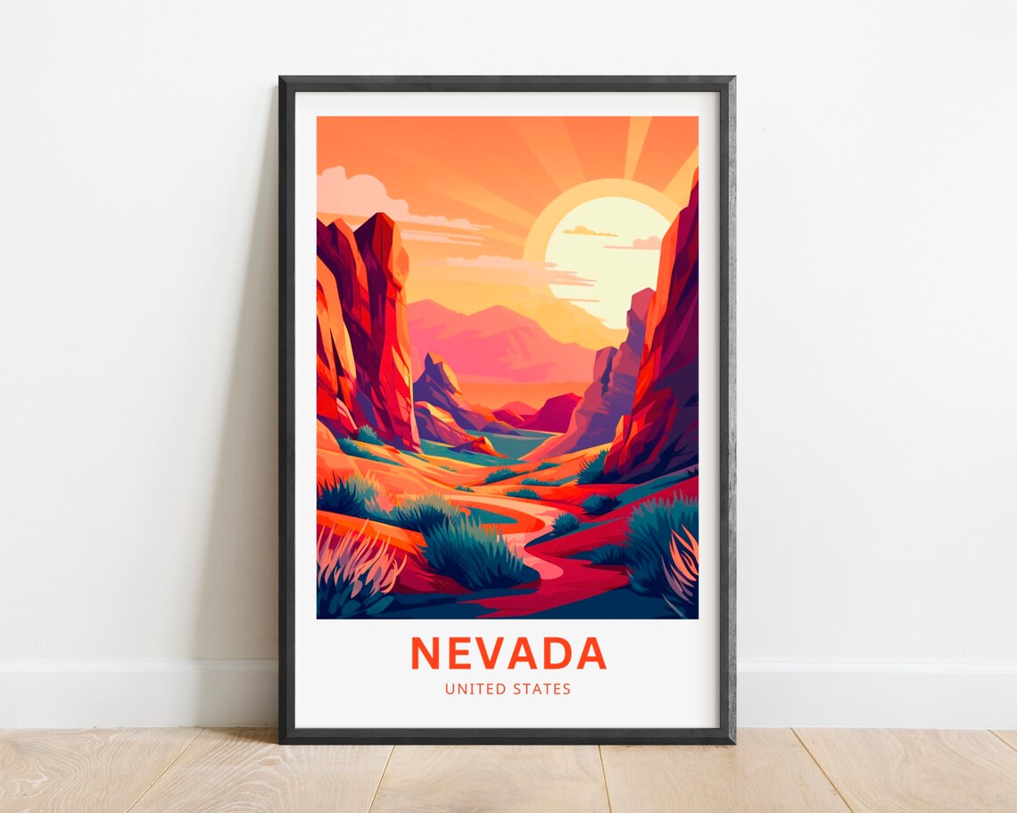 Nevada Red Rock Canyon Sunset Desert Scene Retro Travel Poster