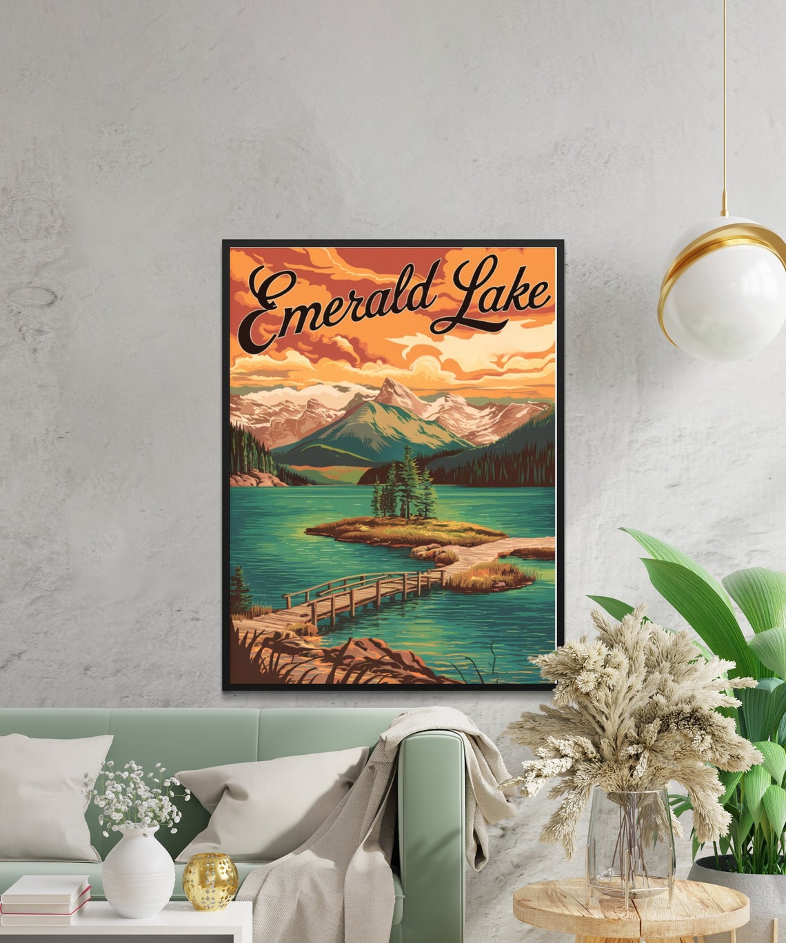 Emerald Lake Sunset Island Wooden Pier Golden Sky Vintage Poster - Image 2