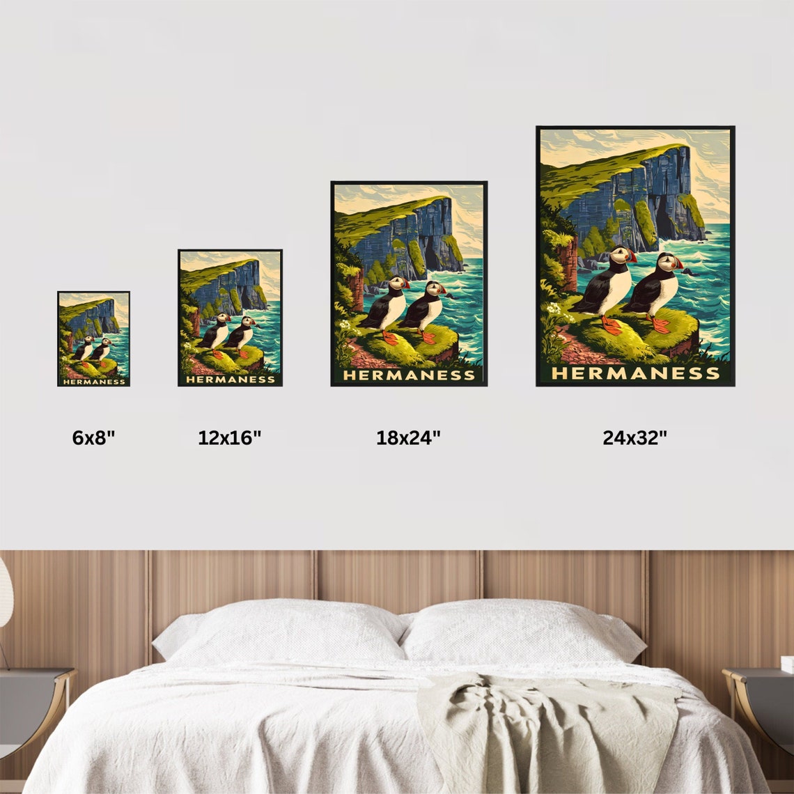 Hermaness Vintage Travel Style Puffins on Sea Stack Cliffs Poster - Image 4