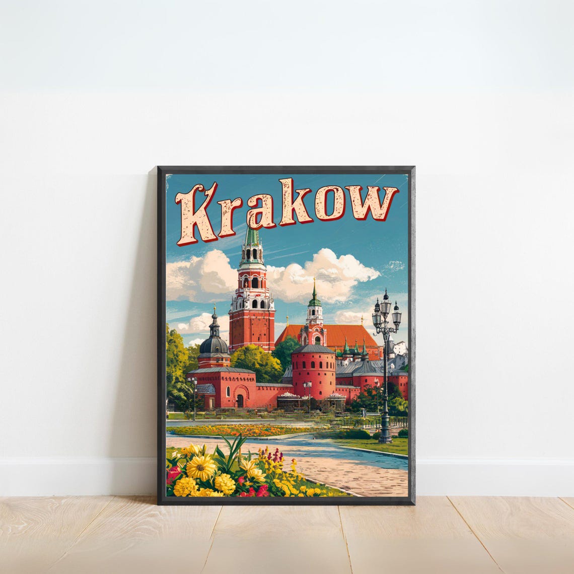 Krakow Poland Travel Poster Red Brick Castle Towers Vintage Style Art