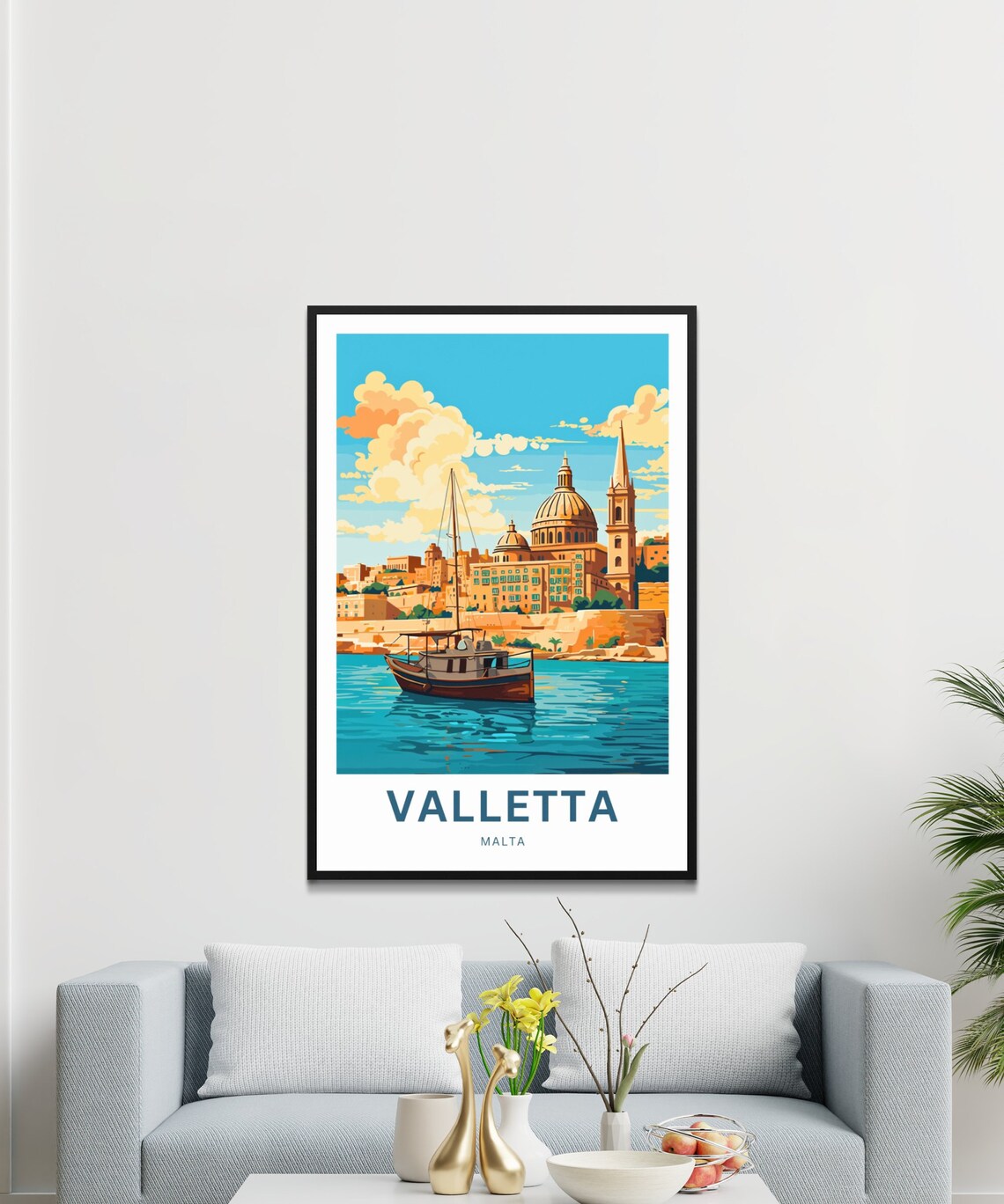 Valletta Malta Harbor Basilica Dome Boat Scene Travel Poster - Image 3