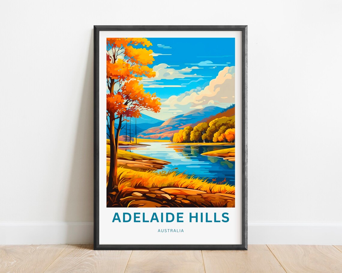 Adelaide Hills Australia Golden Autumn River Vintage Travel Poster