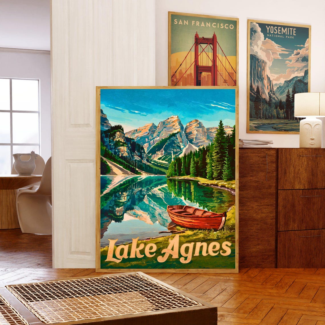 Lake Agnes Vintage Red Canoe On Still Glassy Mountain Lake Poster - Image 5