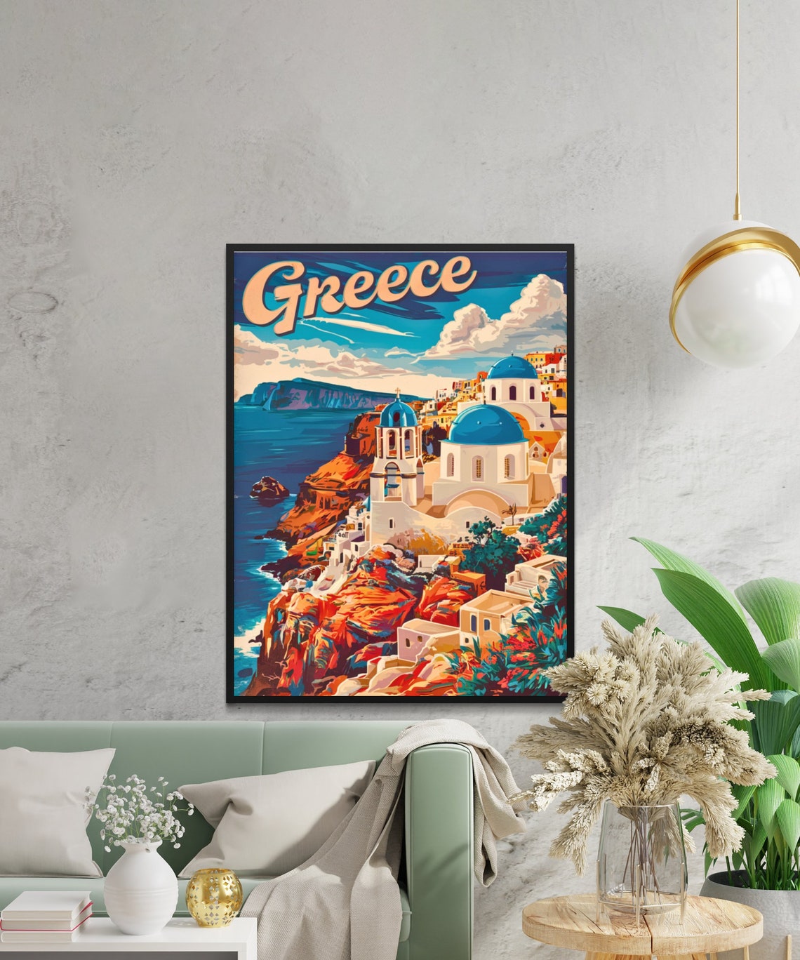 Greece Santorini Blue Domed Churches Cliffs Vintage Travel Poster - Image 2
