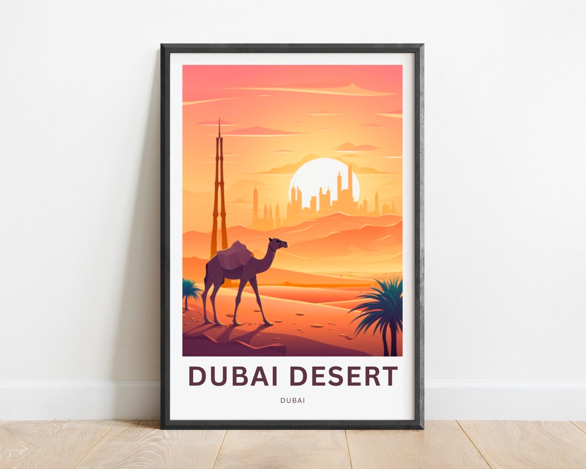 Dubai Desert Camel Sunset Skyline Silhouette Scene Travel Poster