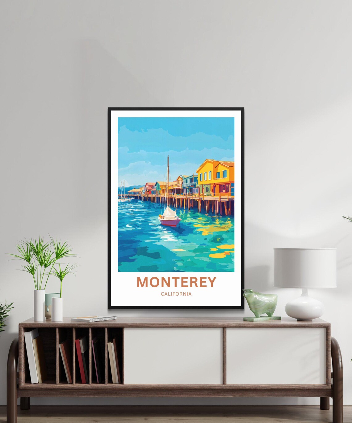 Monterey California Waterfront Sailboats Colorful Pier Houses Poster - Image 2