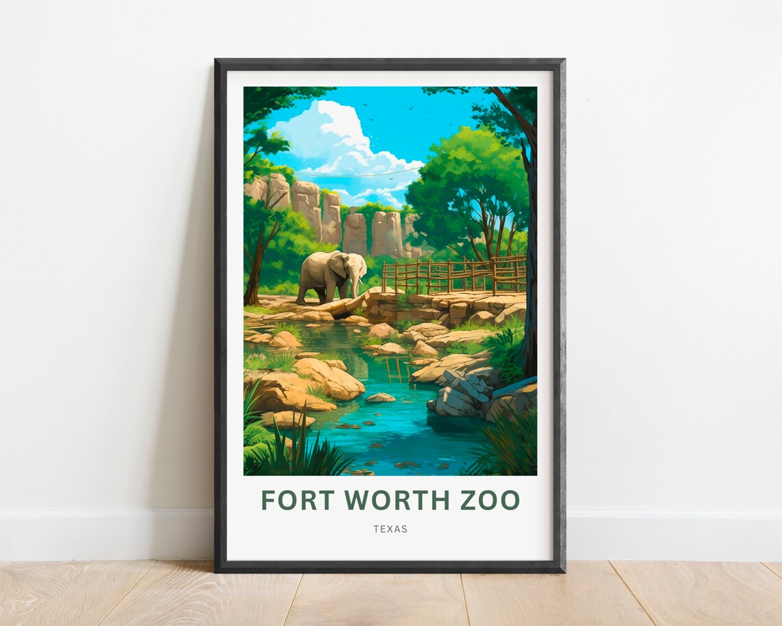 Fort Worth Zoo Texas Elephant Stream Habitat Scene Travel Poster