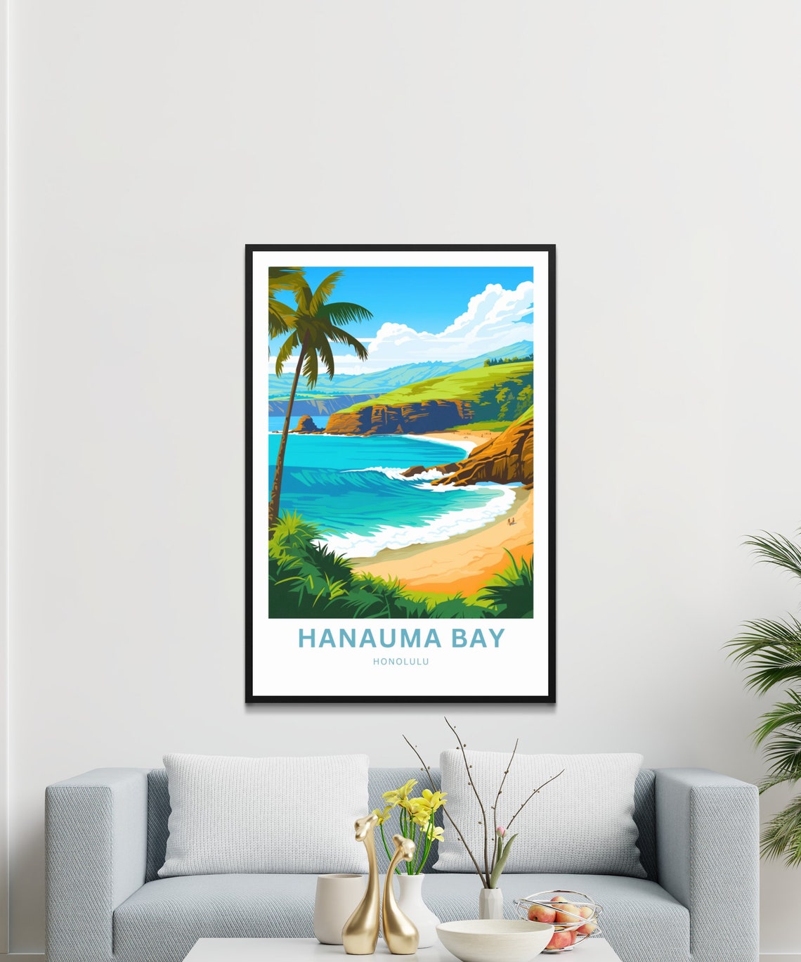 Hanauma Bay Honolulu Beach Cove Palms Personalized Travel Poster - Image 3