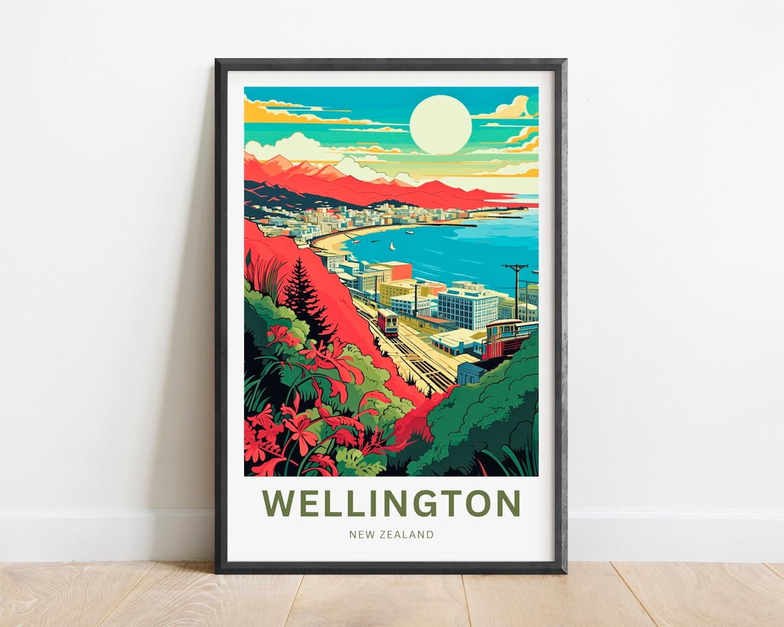 Wellington New Zealand Harbor Bay Moonlit Hills View Travel Poster