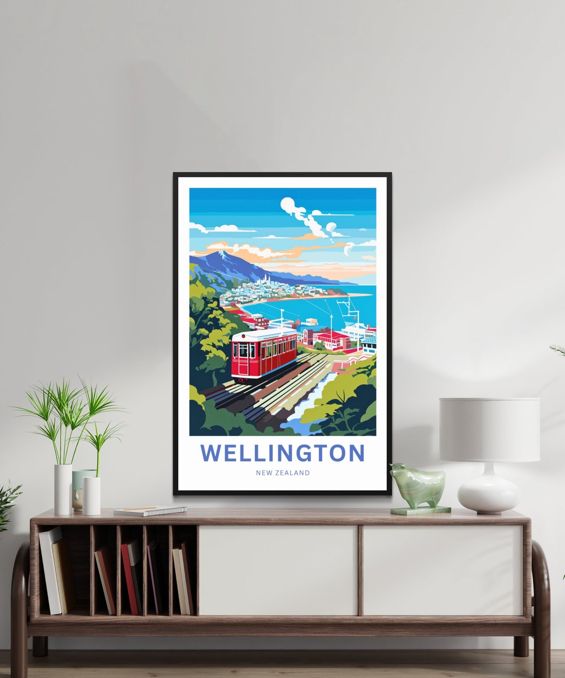 Wellington New Zealand Iconic Red Cable Car Harbor View Poster - Image 2