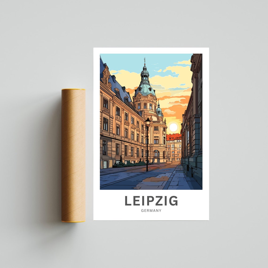 Leipzig Germany Historic Street Sunset Dome Building Travel Poster - Image 4
