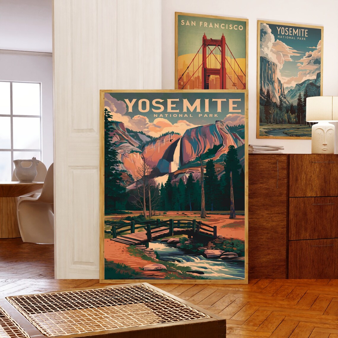 Yosemite National Park Retro Poster with Waterfall Bridge and Sunset - Image 5