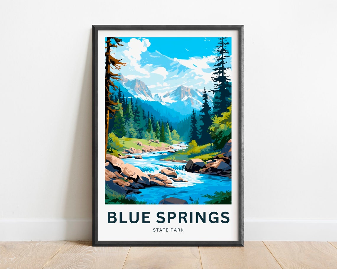 Blue Springs State Park Travel Poster Mountain Stream Rapids Scenic