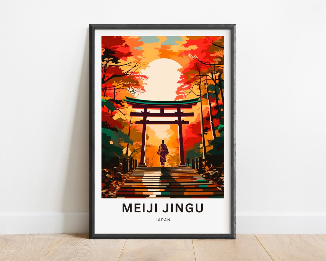 Meiji Jingu Japan Autumn Torii Gate Sunset Shrine Travel Poster