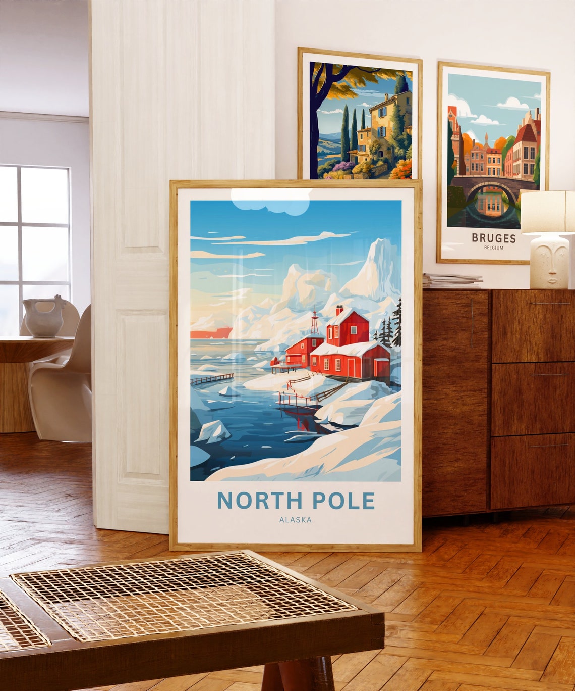 North Pole Alaska Custom Text Red Cabins Icy Harbor Travel Poster - Image 5