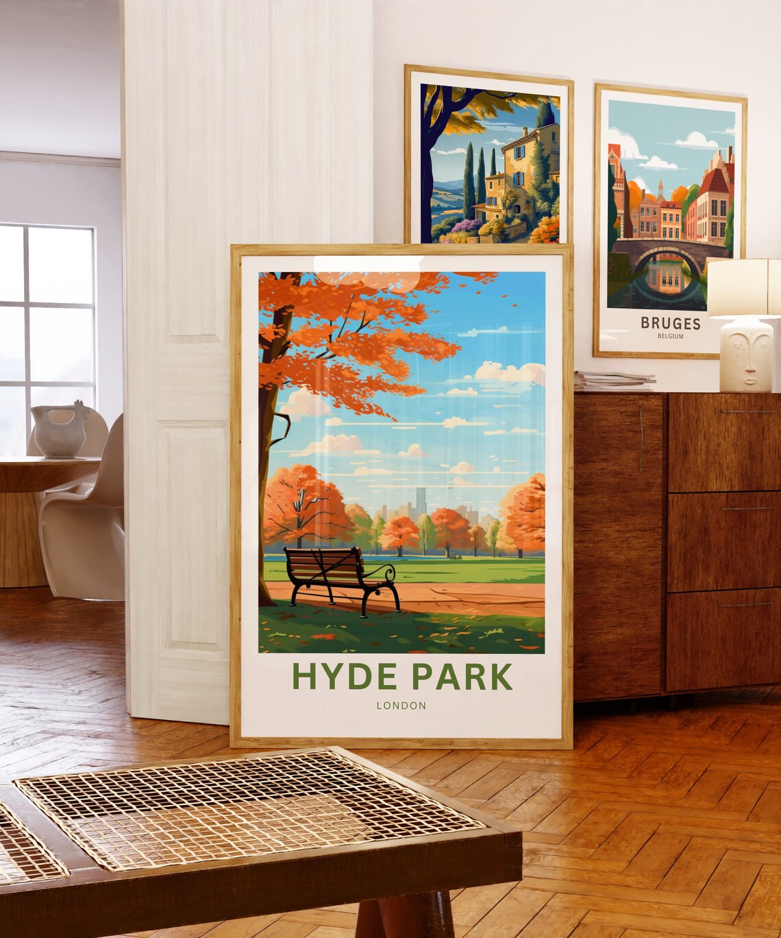 Hyde Park London Autumn Bench Park Scene Fall Color Travel Poster - Image 5