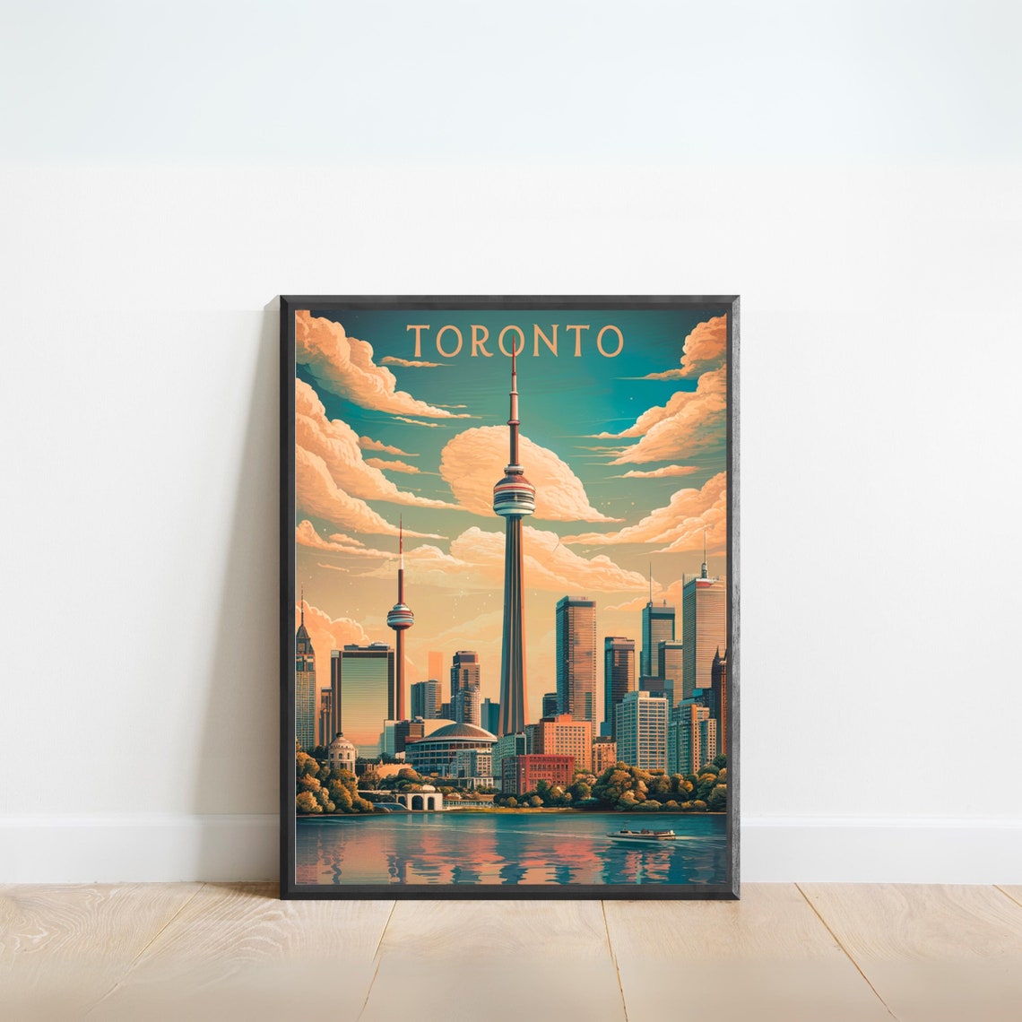 Toronto Canada Skyline CN Tower Lake Sunset Vintage Travel Poster