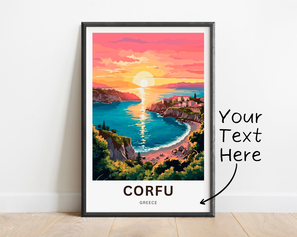 Corfu Greece Pink Sunset Coastal Harbor Personalized Island Poster
