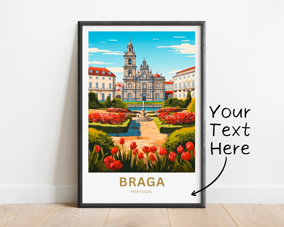 Braga Portugal Courtyard Fountain Tulips Personalized Travel Poster