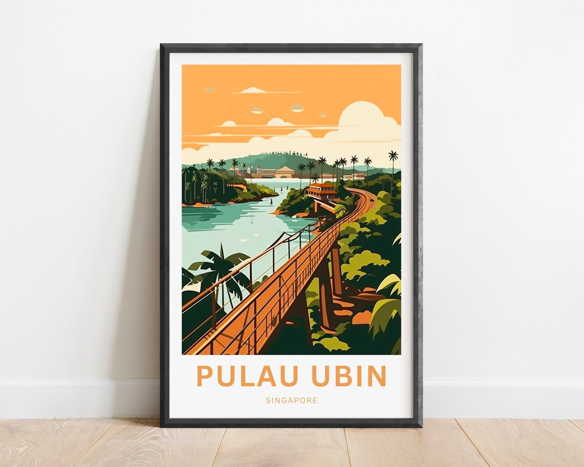 Pulau Ubin Singapore Sunset Boardwalk Palm Trees Island Travel Poster