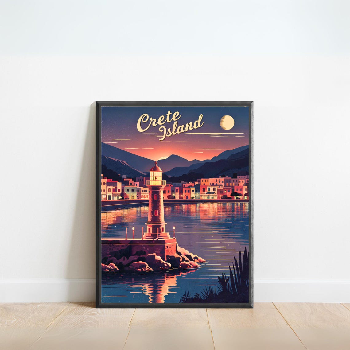Crete Island Greece Moonlit Harbor Lighthouse Night Dreamy Poster