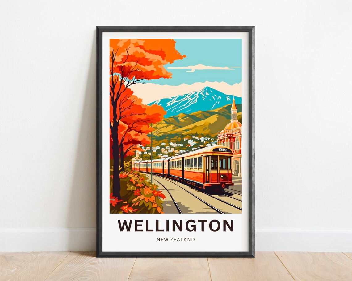 Wellington New Zealand Tram Autumn Trees Mountain View Travel Poster