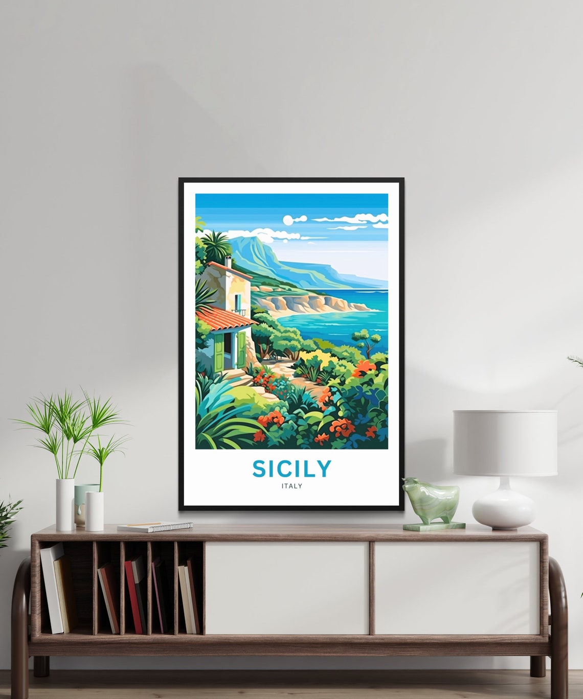 Sicily Italy Custom Text Hillside Villa Flower Coast Travel Poster - Image 2