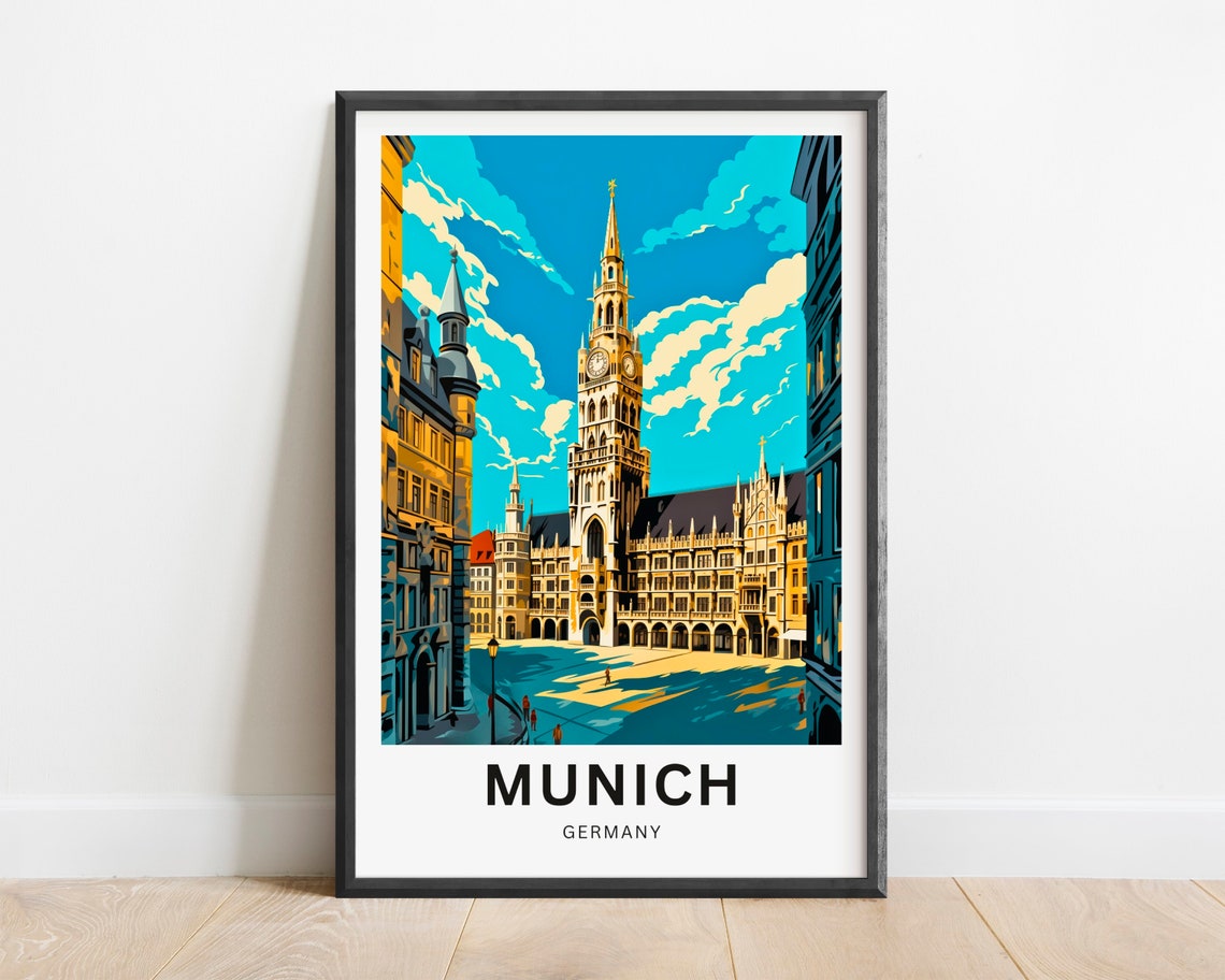 Munich Germany New Town Hall Clock Tower Square Retro Poster
