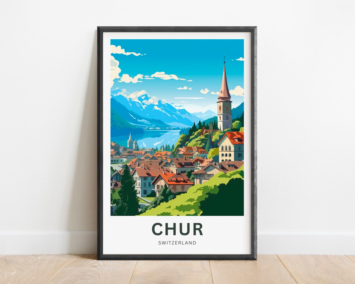 Chur Switzerland Old Town Alpine Church Tower Lake View Poster