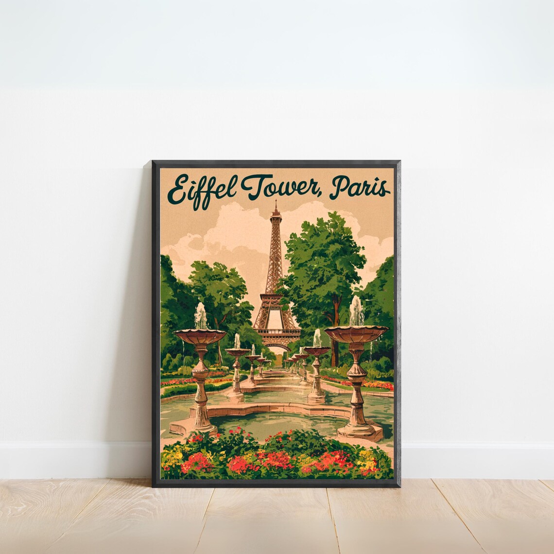 Eiffel Tower Paris Vintage Garden Fountains Retro Travel Poster